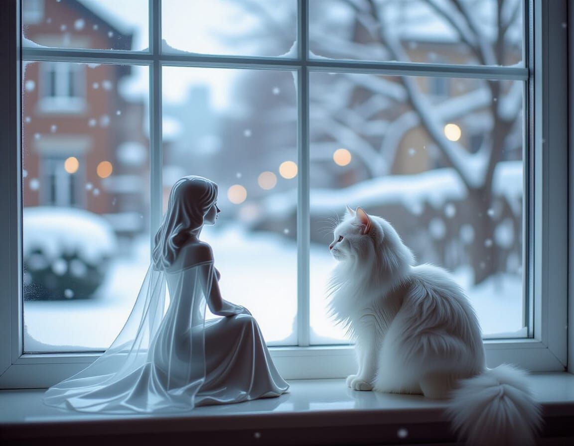 Winter City View From Window With Porcelain Figurine & Cat