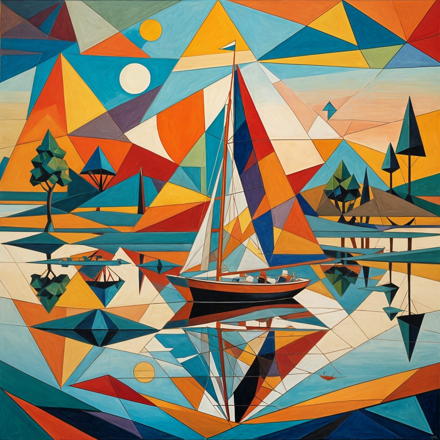 Cubist Boat on Pond at Sunset