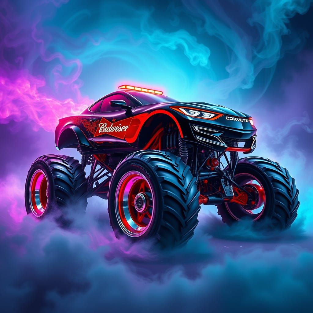 Budweiser Corvette Monster Truck in Futuristic Chrome Style