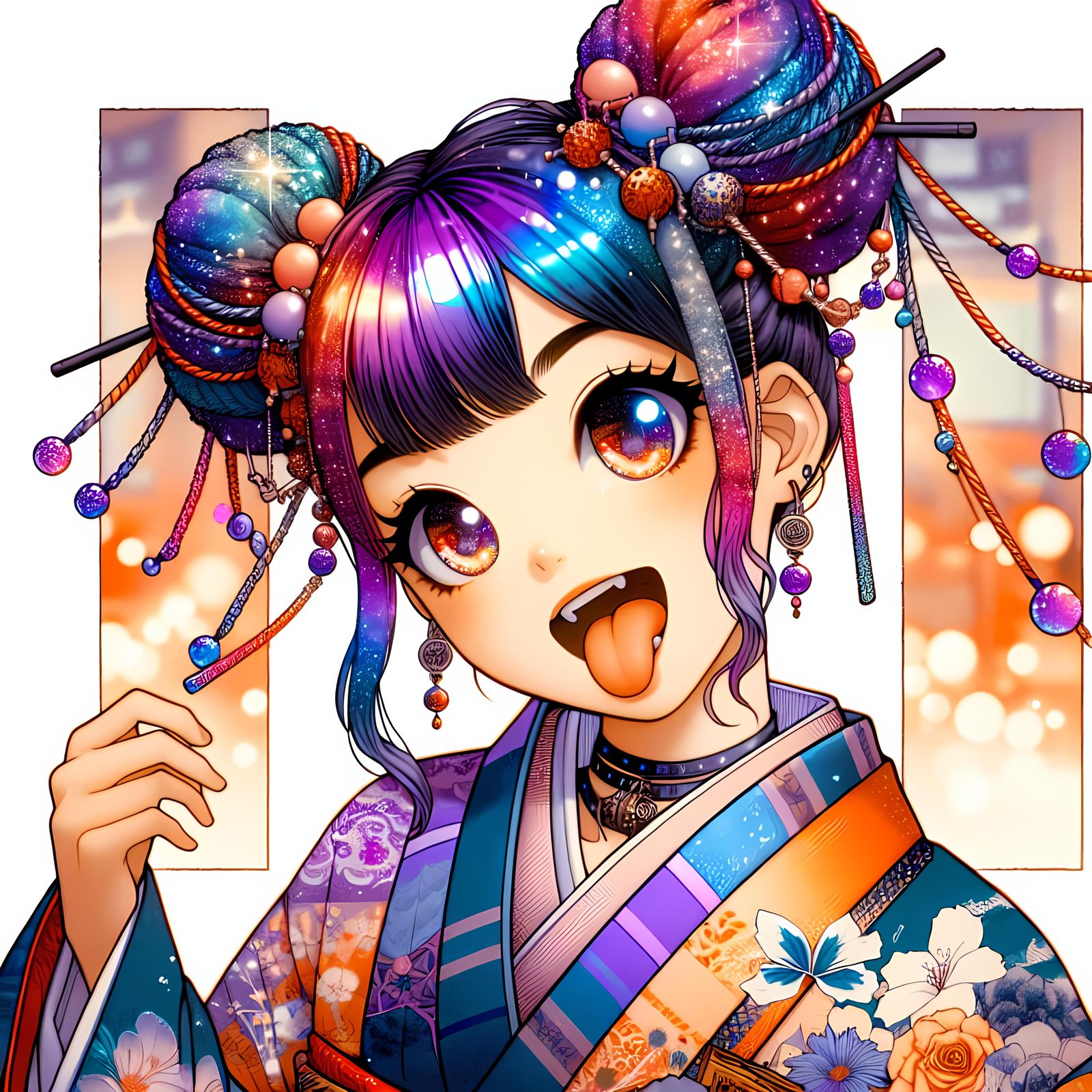 Quirky Anime Girl With, Sparkling Eyes Wearing a Kimono, and...