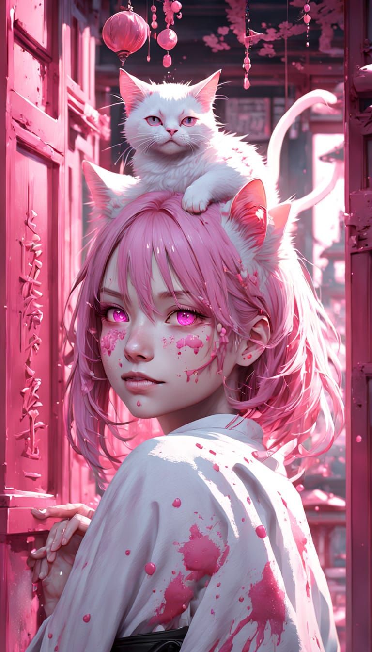 Joyful Albino Girl with Pink Hair and Siamese Cat in Anime S...