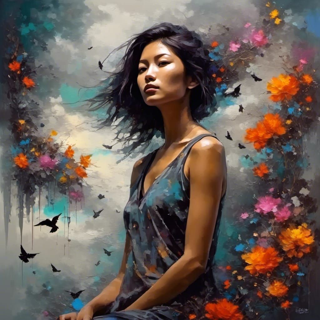 Dramatic Floral Portrait in Dark Watercolor Style