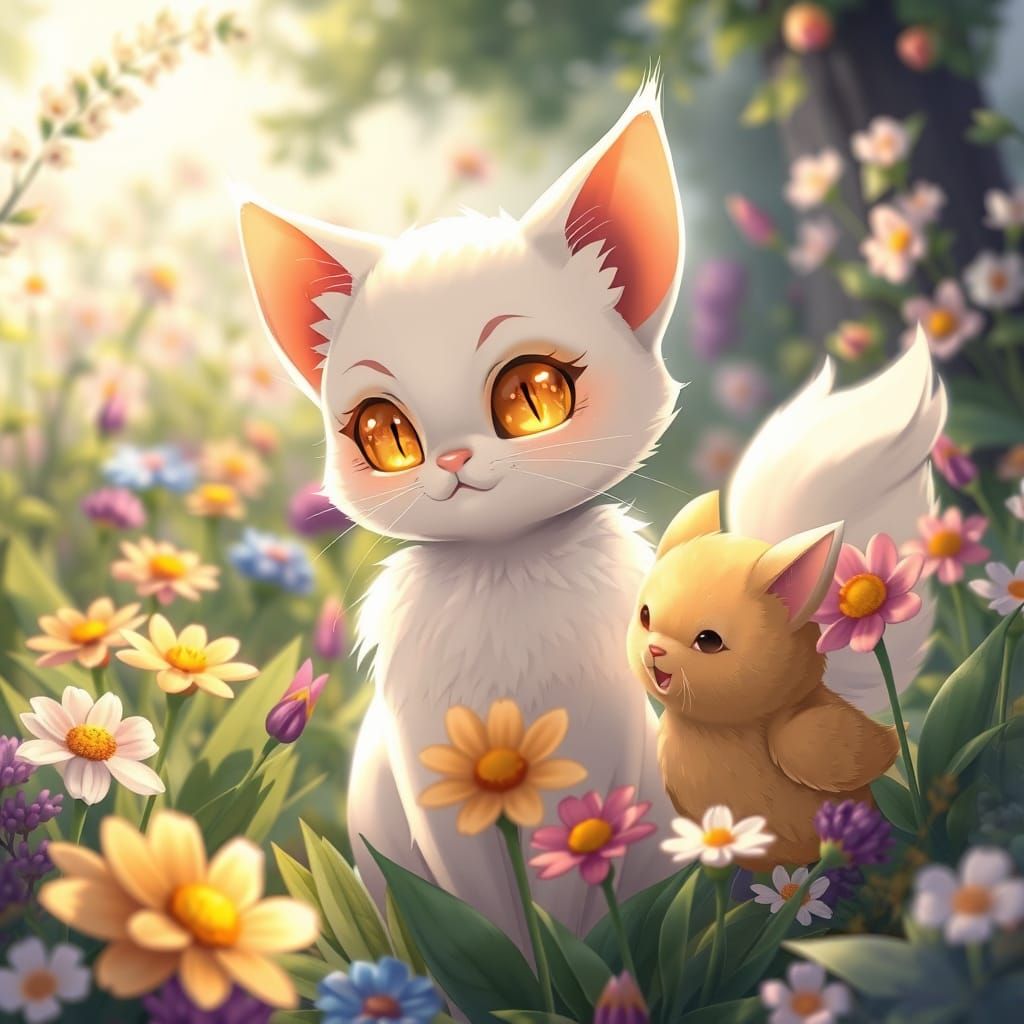 Glowing Winged Cat Meets Chocobo in Flower Meadow