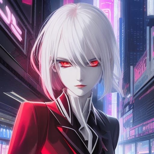 Androgynous Ethereal Girl in Cyberpunk Cityscape