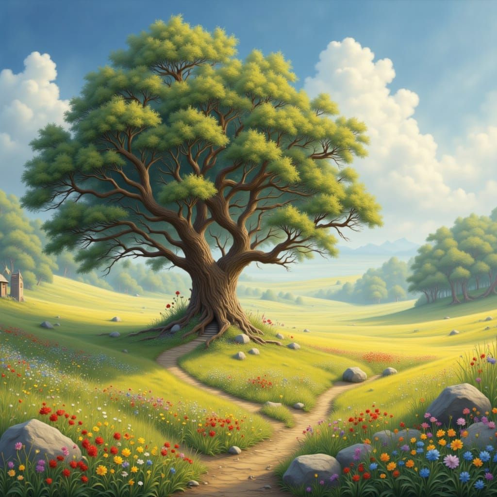 Sun-Drenched Meadow with Ancient Oak Tree