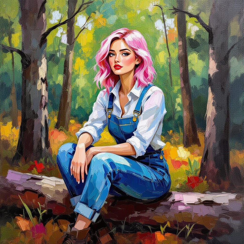Pink Haired Woman in Woods, Neo-Impressionist Oil Painting