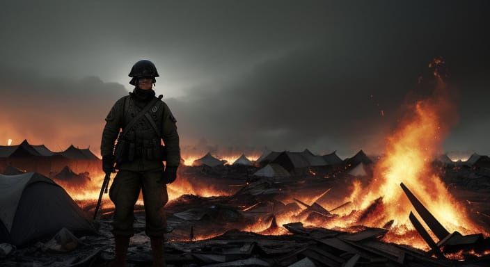 Grim War Illustration: Soldier in Destroyed Camp