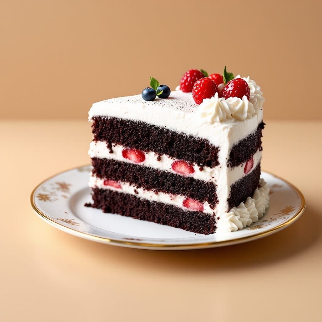 Vibrant Black Forest Cake in Hyperrealistic Style