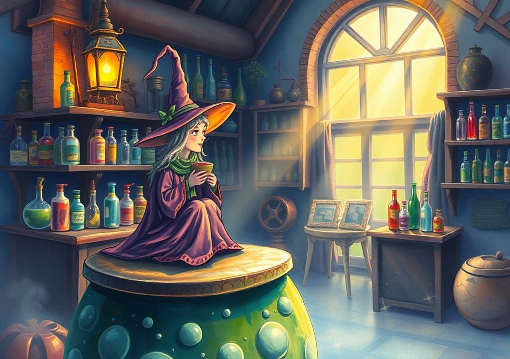 Pastel Gouache Witch Lamp Lights Potions Shop