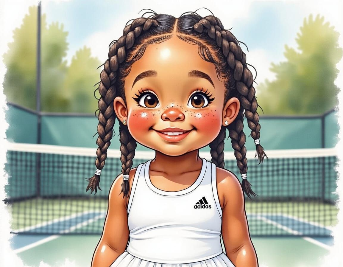 Happy Girl on Tennis Court, Expressive Watercolor