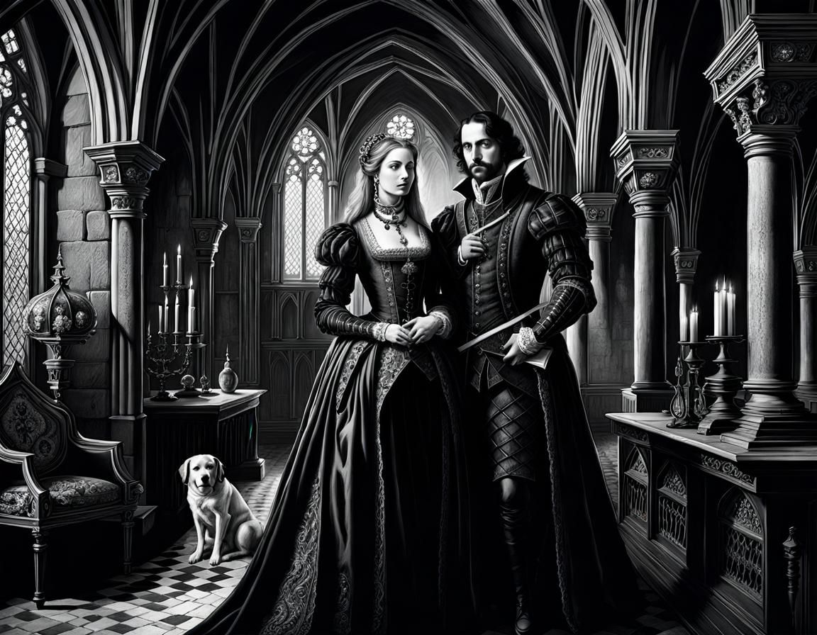 Gothic Couple in Castle Lair: Black and White Ink Art