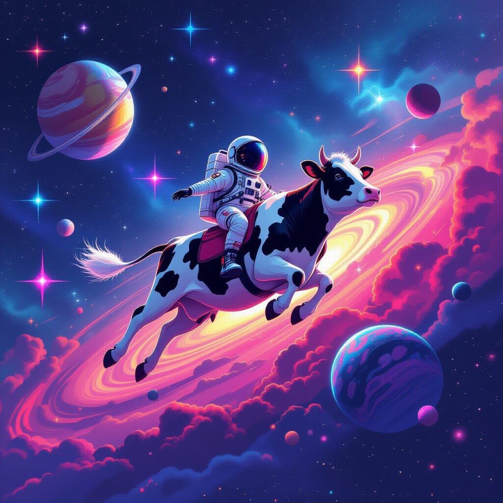 Cow Astronaut Soars Through Vibrant Galaxy with Neon Stars
