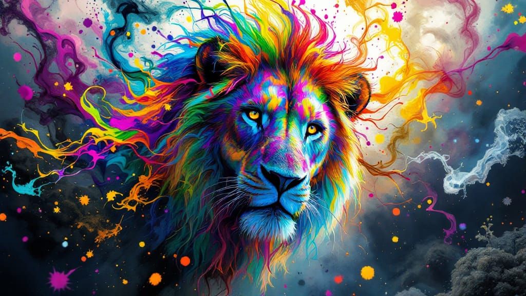 Rainbow Lion in Abstract Surrealist Dreamscape