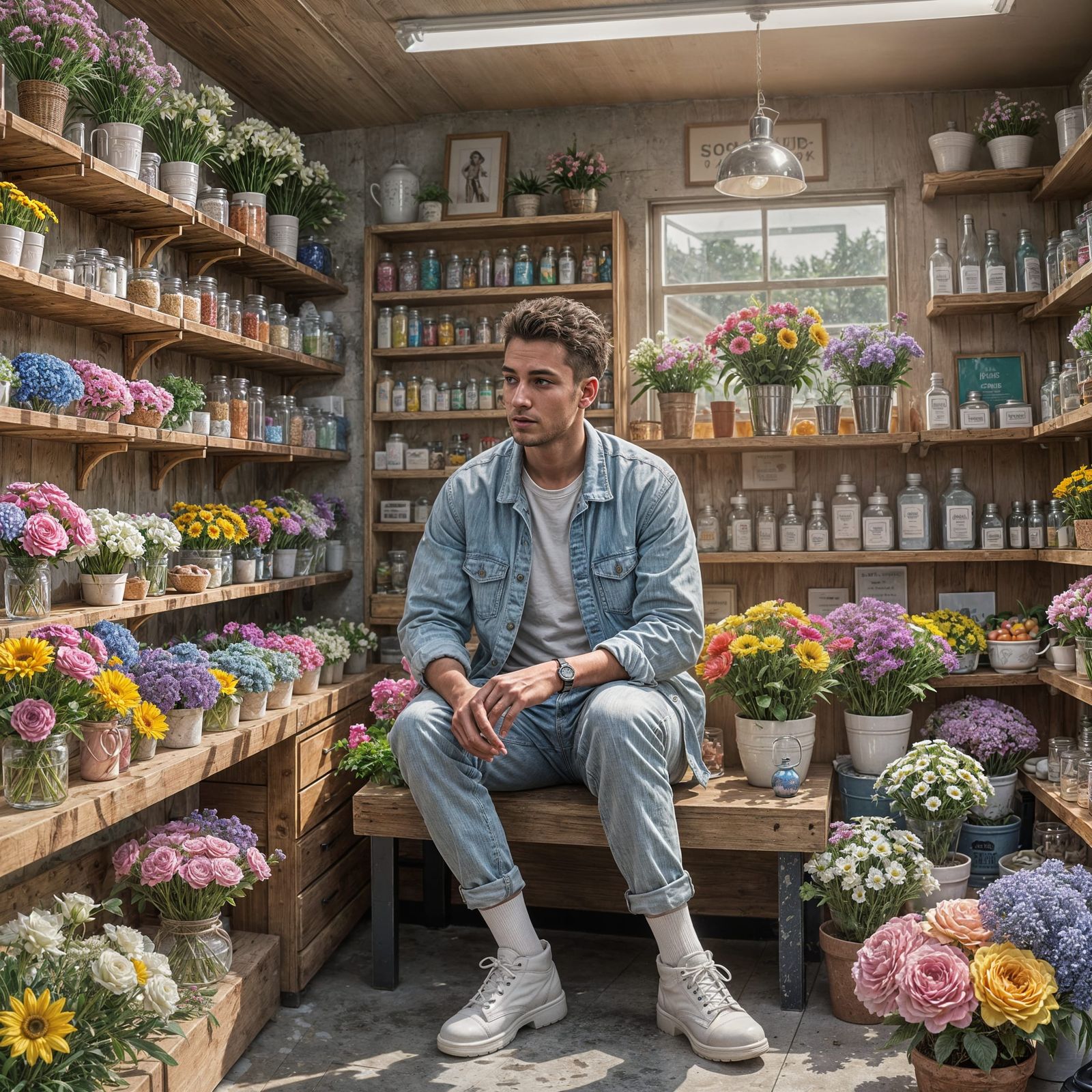 Ethereal Flower Shop Scene with Rainbow Crystals