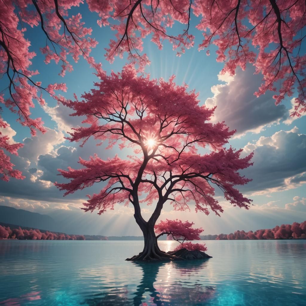Magical Pink Tree with Glowing Blue Water