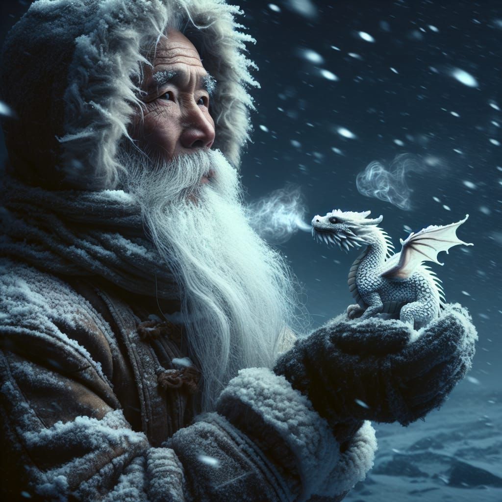 Ancient Man and Dragon in Snowy Landscape