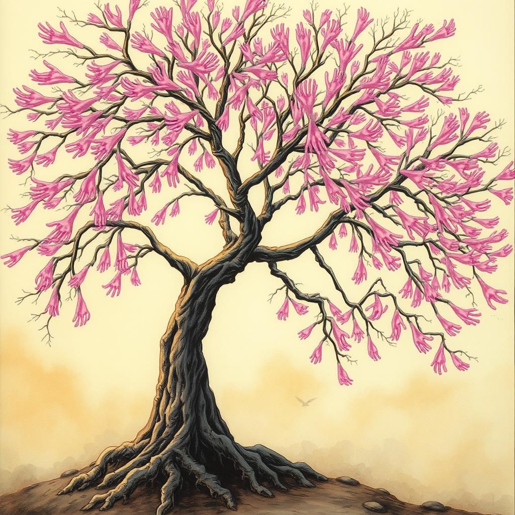 Ethereal Tree with Pink Hands in Alcohol Ink Style