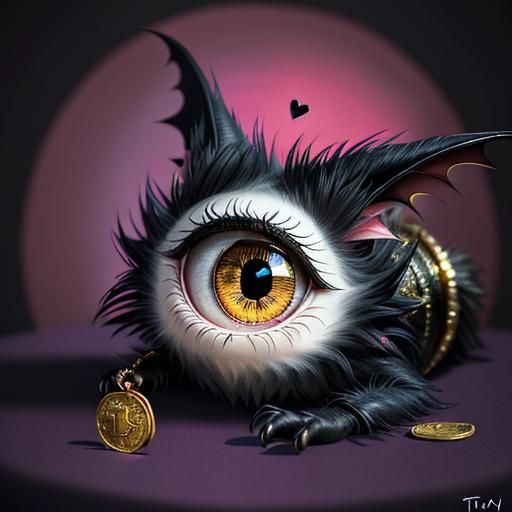 Surreal Bejeweled Eye with Bat Cat Hybrid, 3D Render