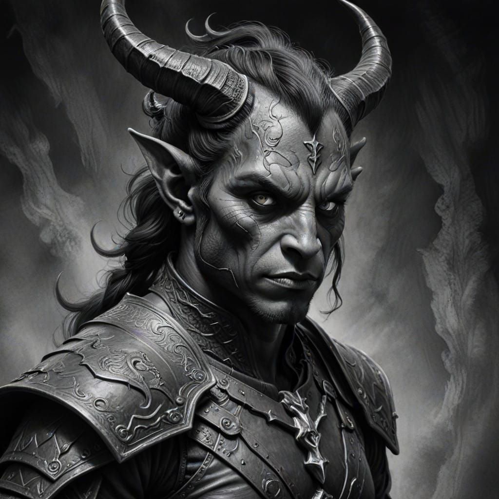 Tiefling in Hyperdetailed Charcoal Drawing