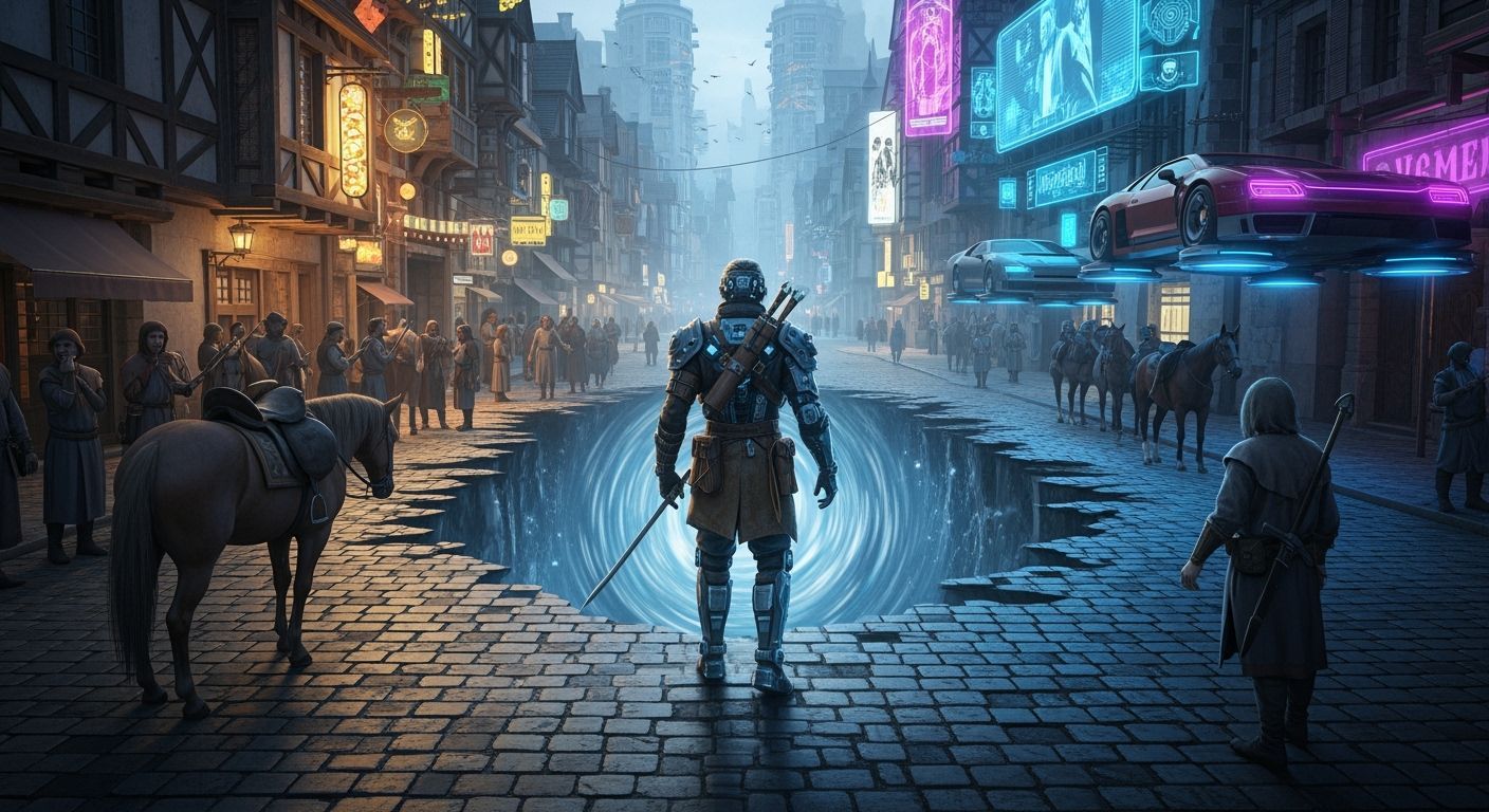 Traveler Between Medieval and Cyberpunk Eras