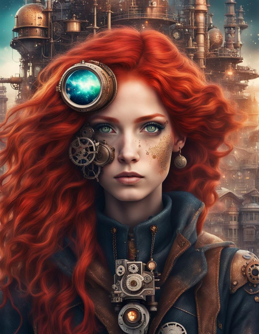 Cosmic Punk Girl in Steampunk Cityscape