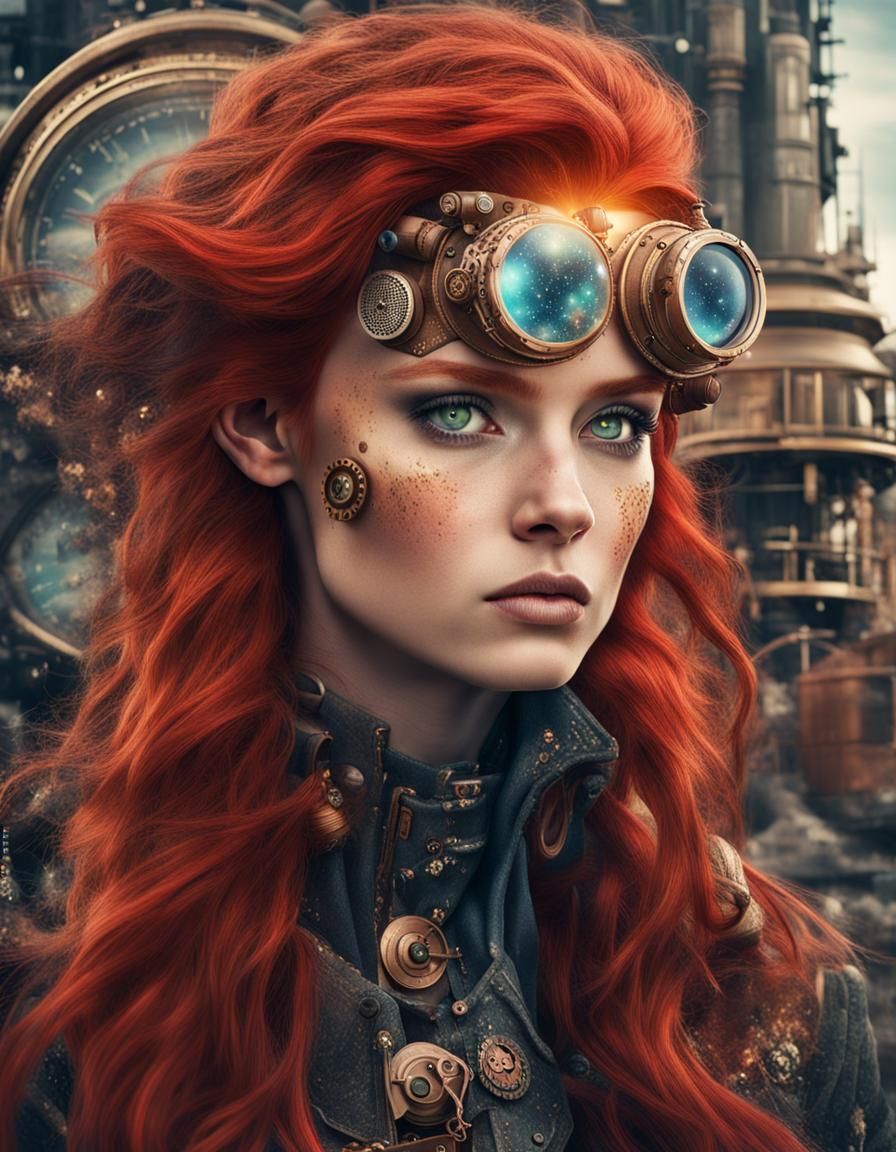 Cosmic Punk Galaxy Girl in Steampunk Cityscape