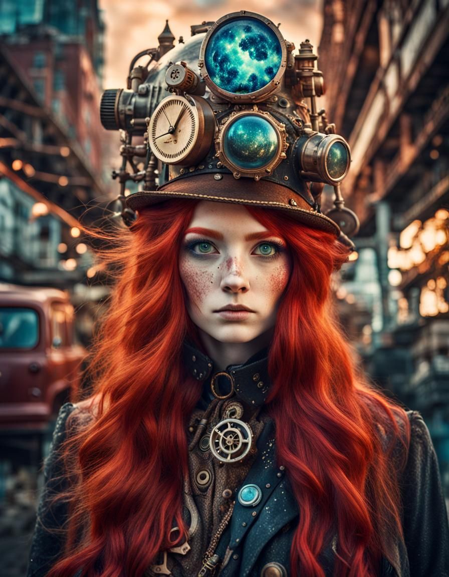 Cosmic Steampunk Girl with Red Hair