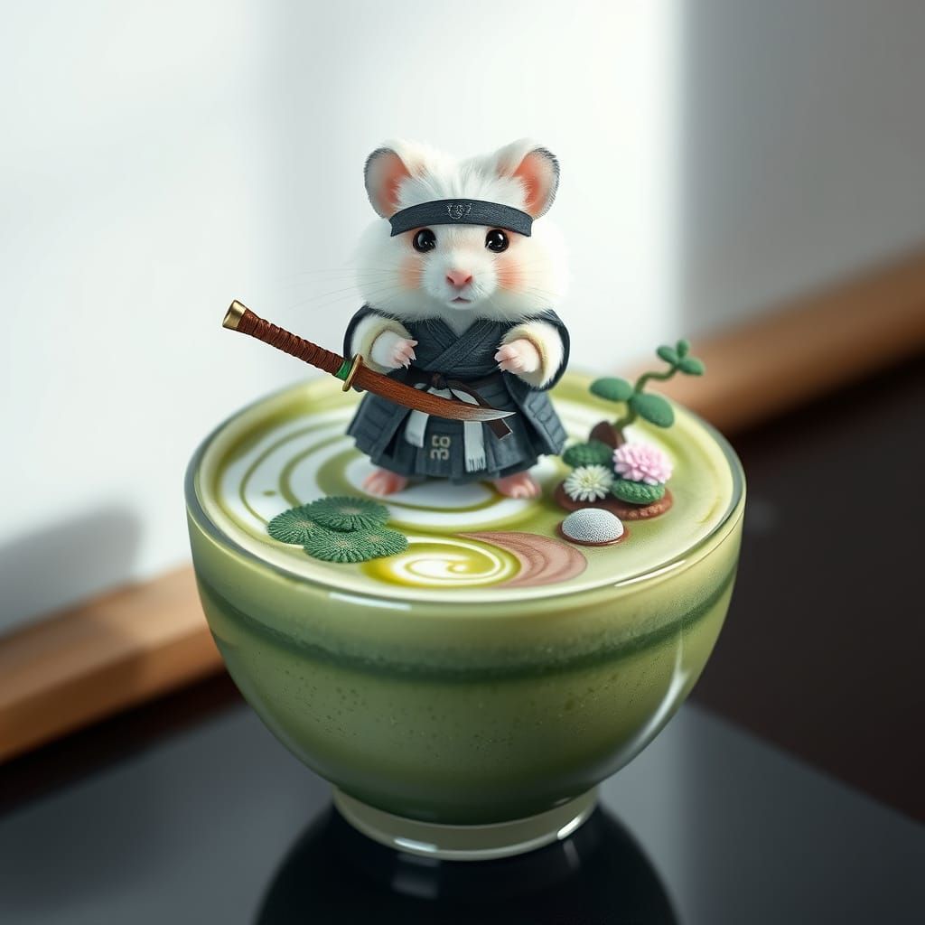 Hamster Samurai on Matcha Latte, Ghibli-esque