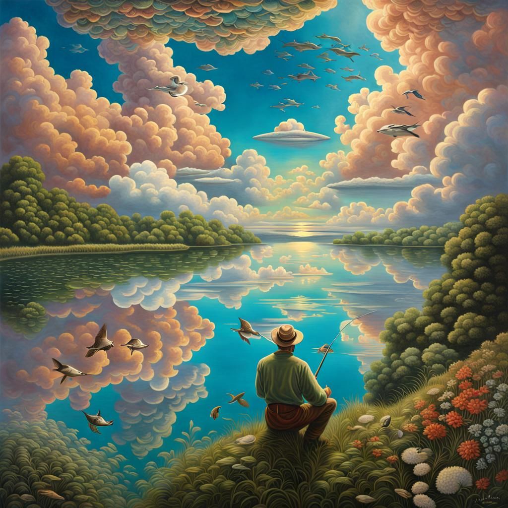 Surreal Sky-Lake Fishing: Mind-Bending Digital Art