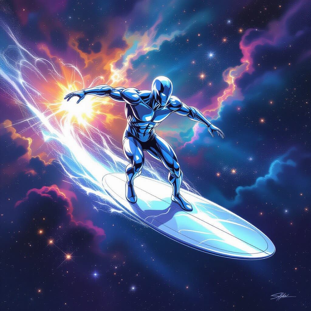 Silver Surfer Rides Through Cosmic Nebula Galaxy