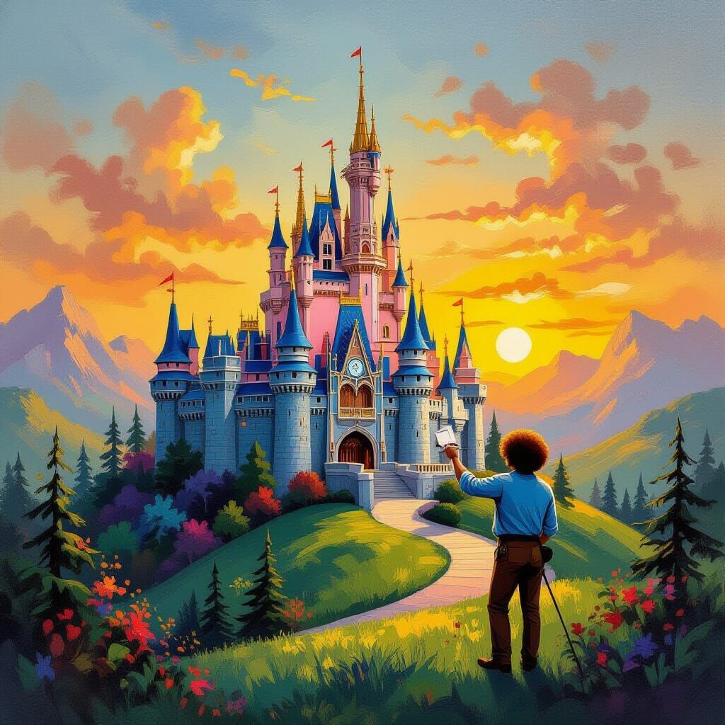 Bob Ross Style Painting of Majestic Castle at Sunset