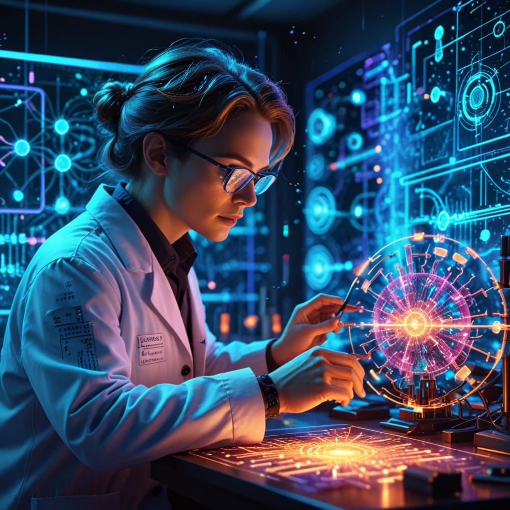 Scientist Studies Glowing Quantum Particles in Sci-Fi Lab