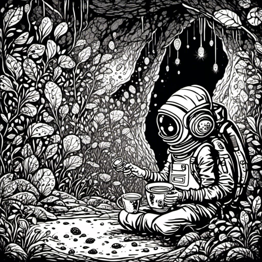 Astronaut Tea Party with Bug Aliens: Zentangle Art