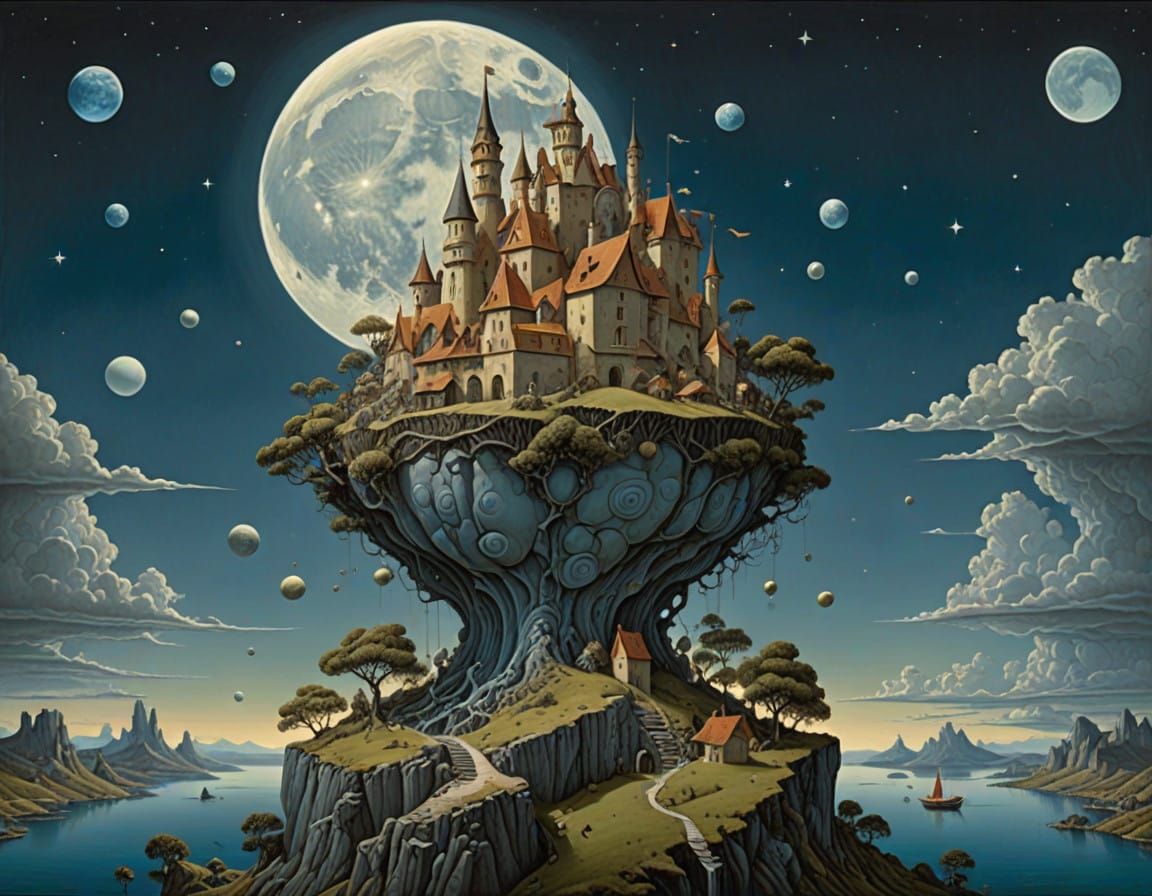 Surreal Oil Painting of Whimsical Moonlit Scene