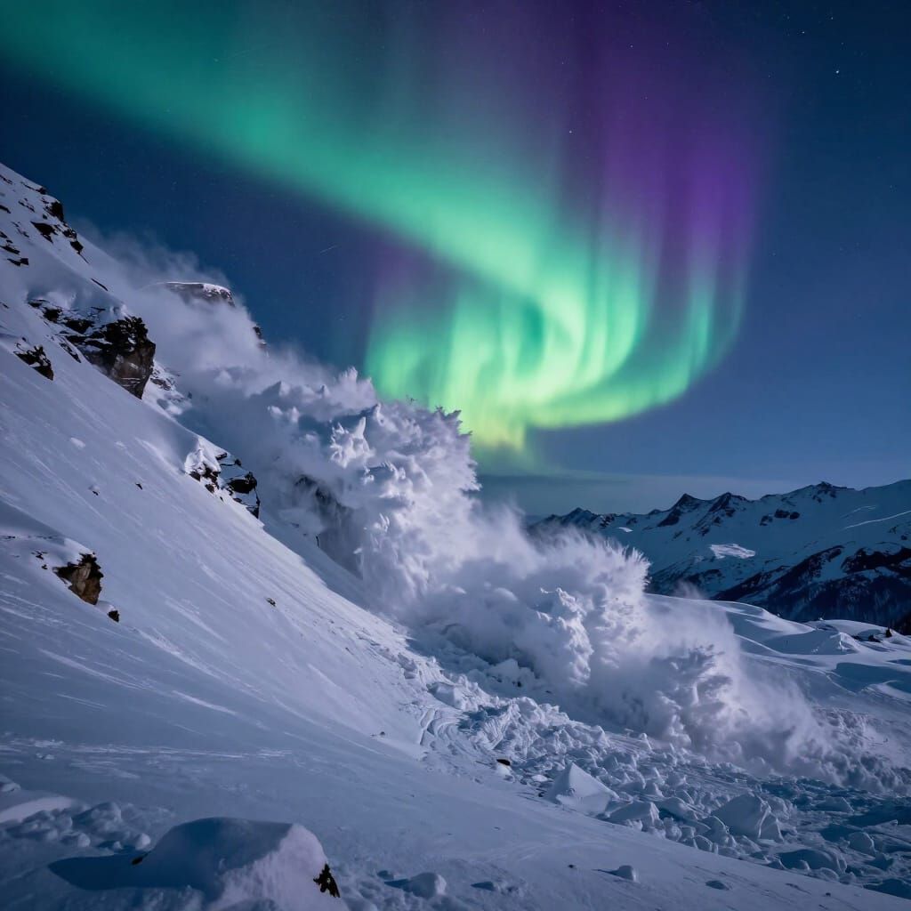 Snow Avalanche Under Aurora Borealis in Painterly Style