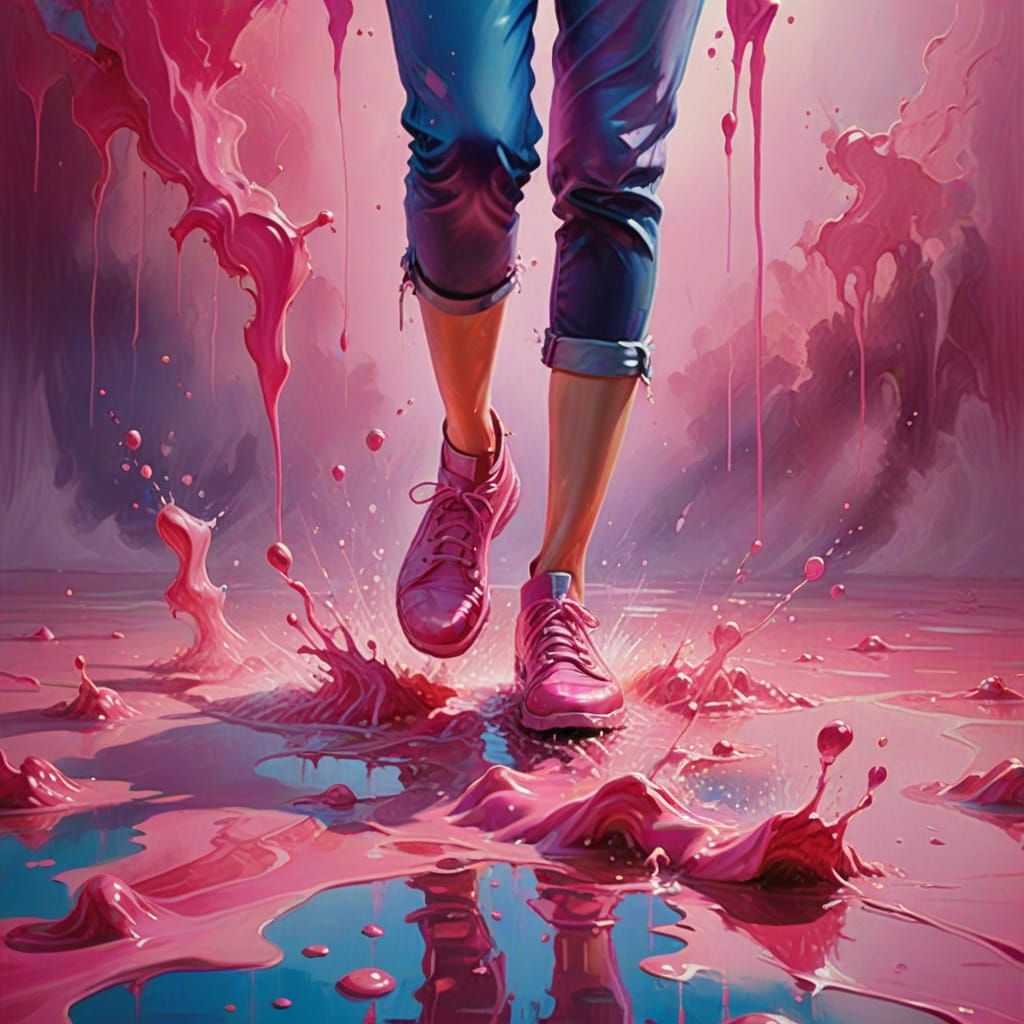 Vibrant Oil Painting of Woman with Pink Feet in Ethereal Mis...