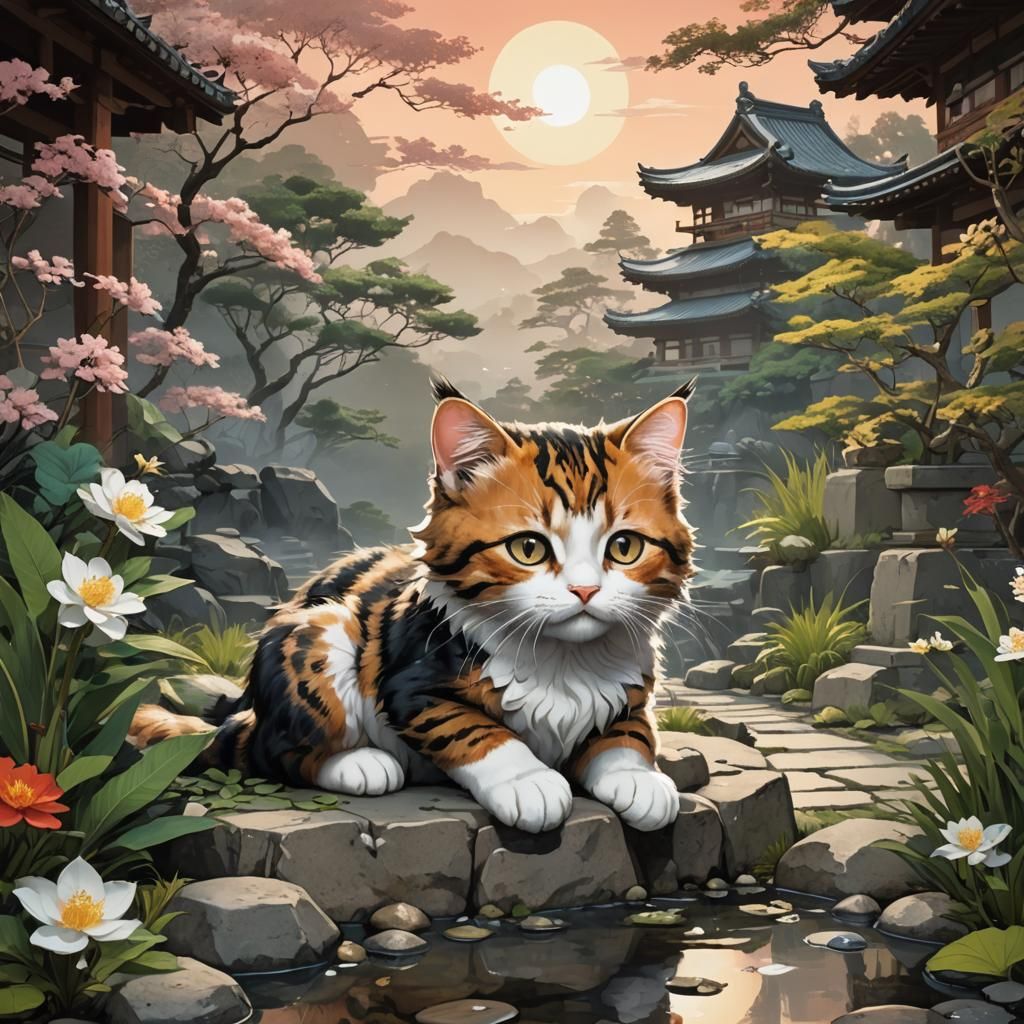 Kitten God in Zen Garden: Ukiyo-e Watercolor Art