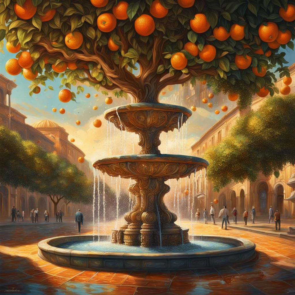 Hyperrealistic Orange Tree and Fountain Scene
