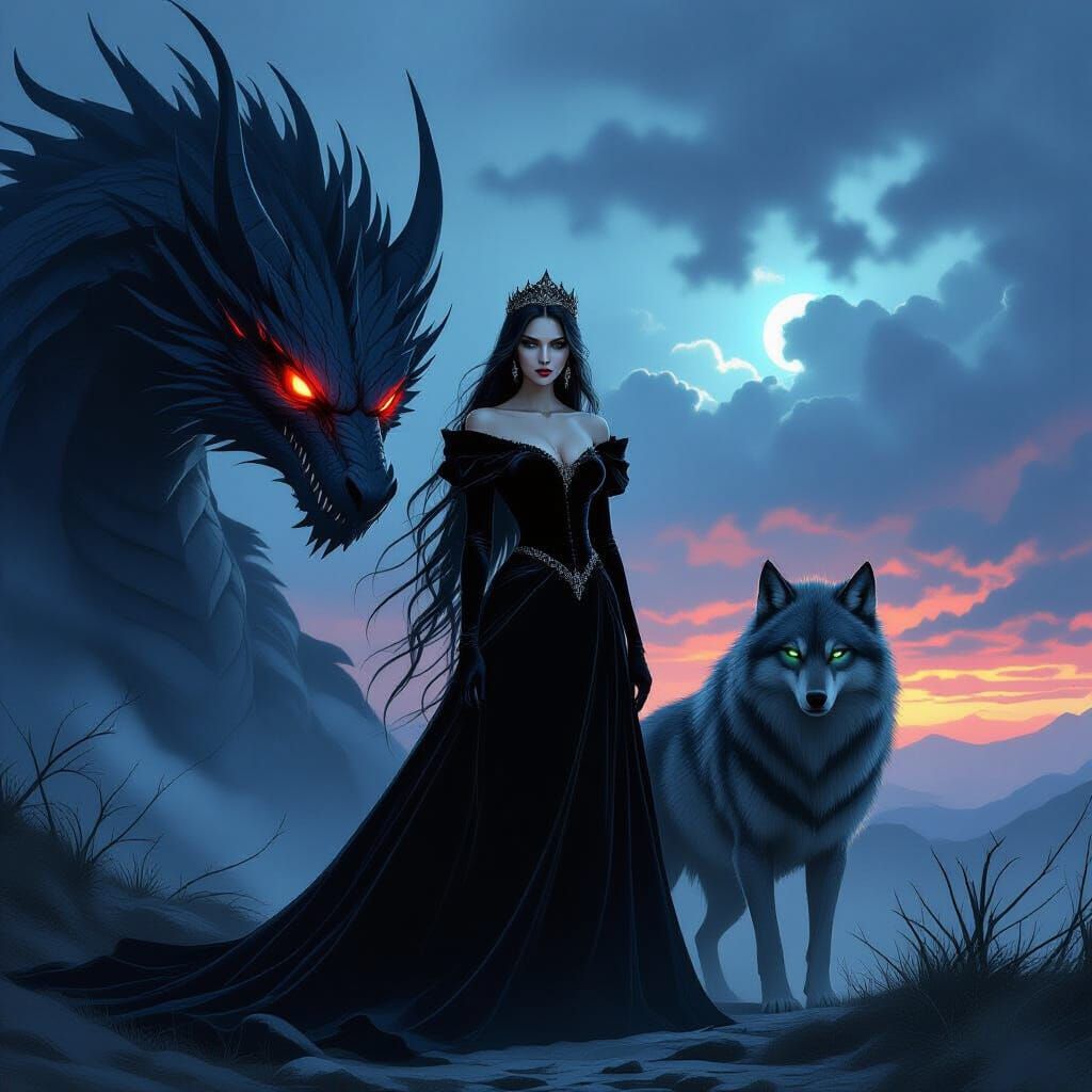 Evil Princess with Dragon and Wolf in Dark Fantasy Art