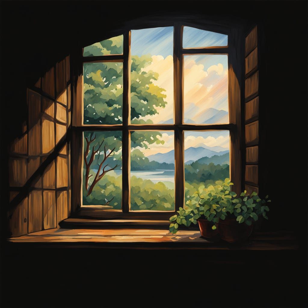 Cozy Cabin Window in Lush Greenery, Gouache Painting