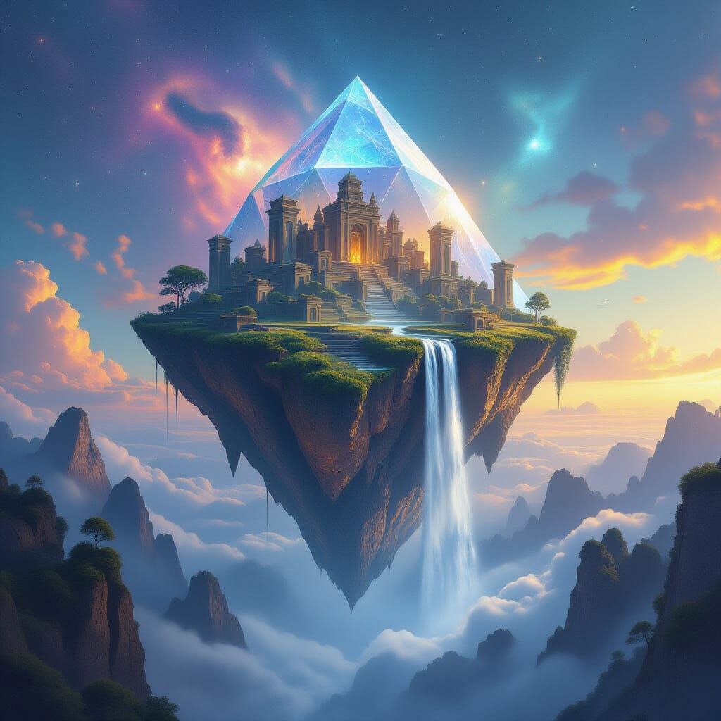 Floating Island Kite with Ancient Ruins in Nebula Light