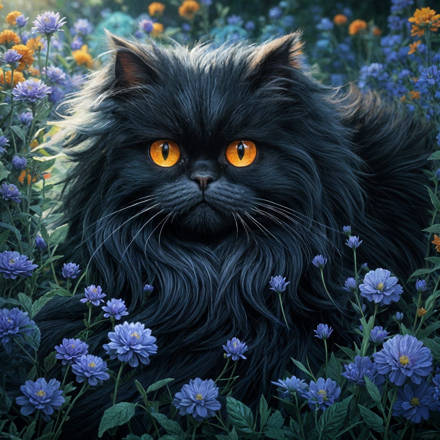 Black Persian Cat in Catnip Meadow, Hyperdetailed Art