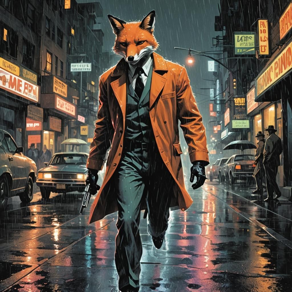 Fox in Cityscape: Noir Pulp Magazine Cover