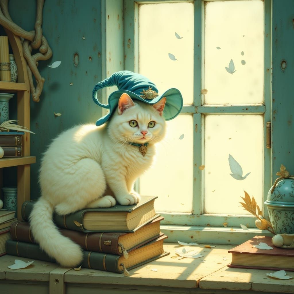 Fluffy Cat in Blue Hat on Books, Cartoon Style