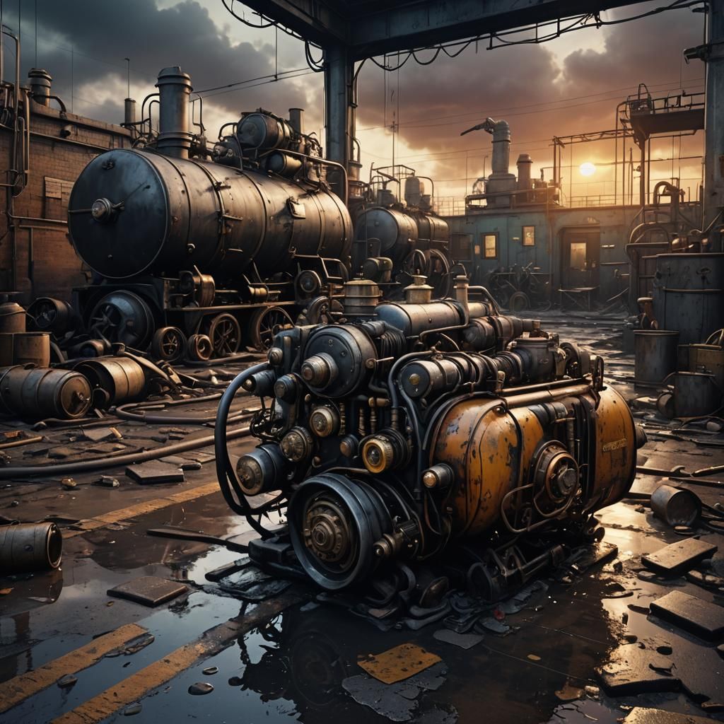 Dieselpunk Hospital Interior with Cat Under Stormy Sunset