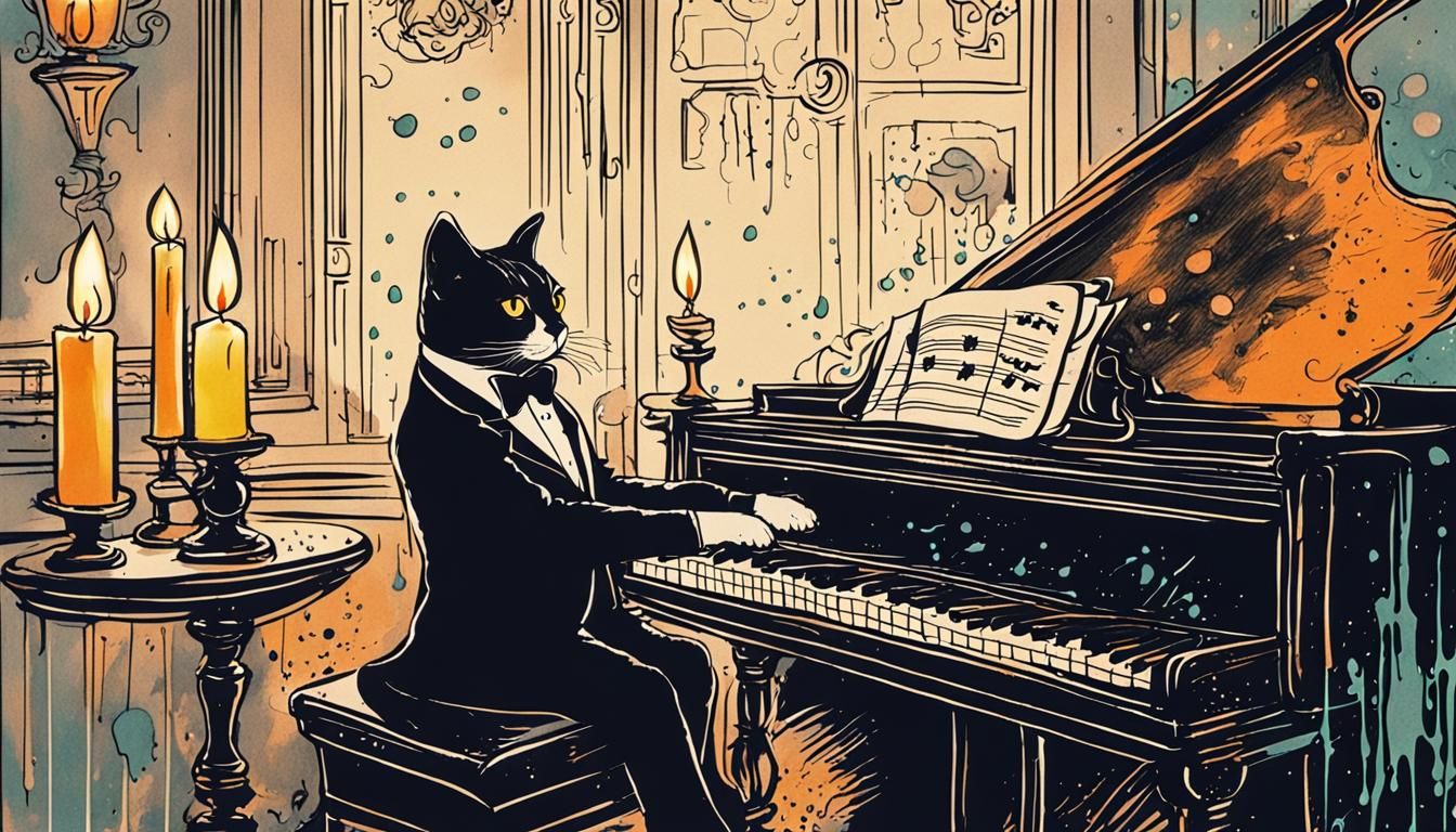 Cat in Tuxedo Playing Piano Poster