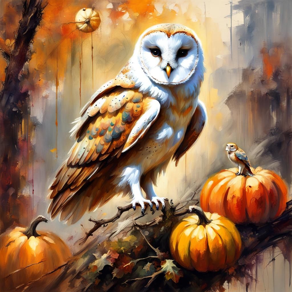 Barn Owl and Pumpkins Matte Painting
