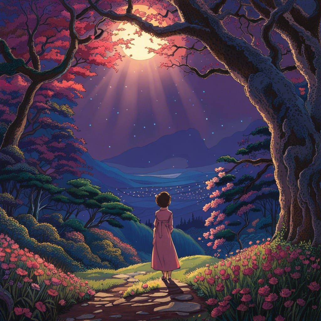 Dreamlike Sakura Tree with Moonlight, Ghibli Style