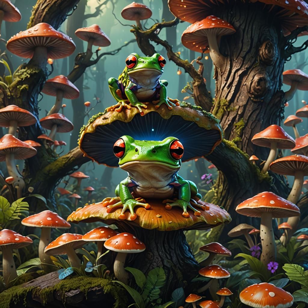 Disco Frog with Girl Face Dancing on Mushroom