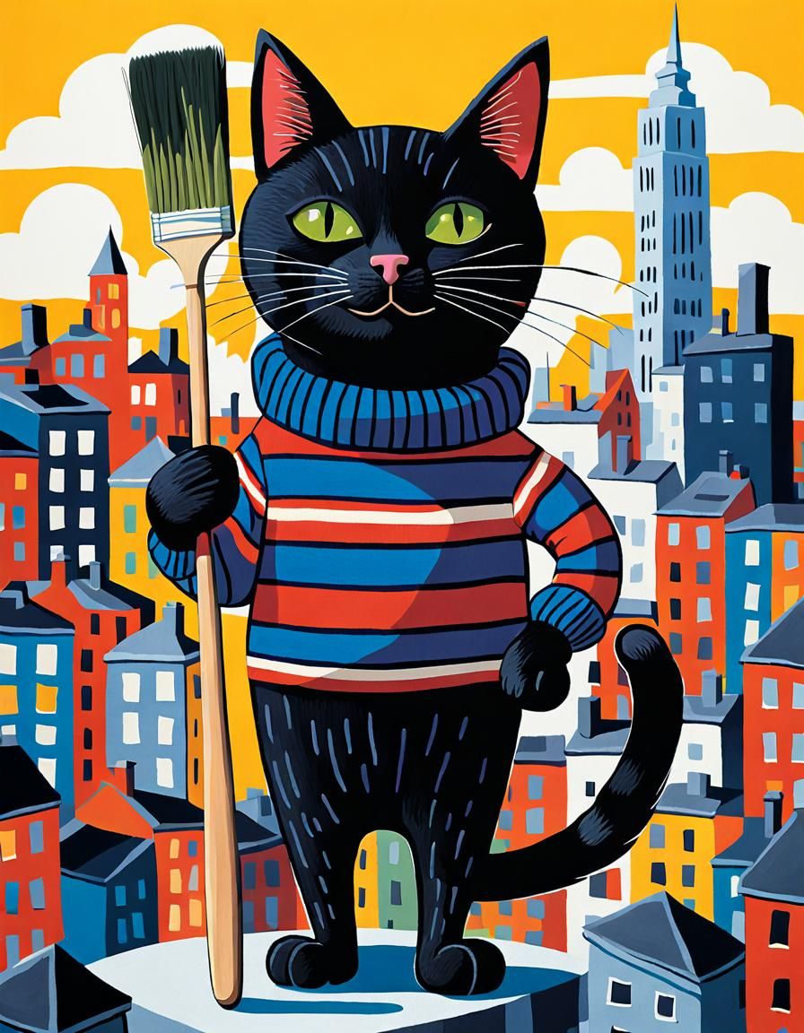 Anthropomorphic Black Cat in Dubuffet-Inspired Cityscape
